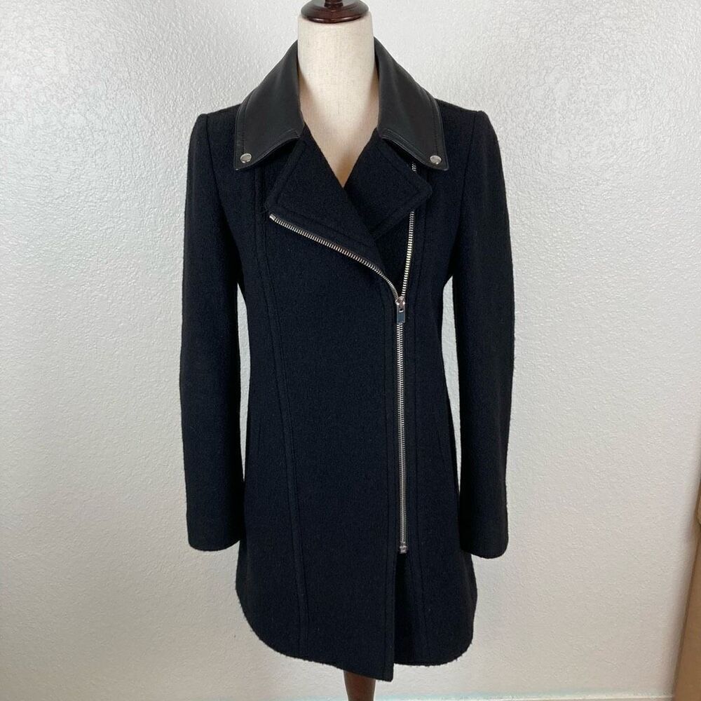 Club Monaco Reeta Italian Wool Leather Moto long jacket women’s S biker trench c